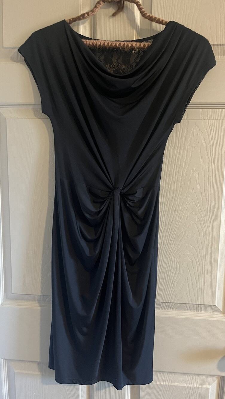 Ilse Jacobsen Hornbaek Black Sequin Lace Dress Small Cowl Neck Ruched Cocktail